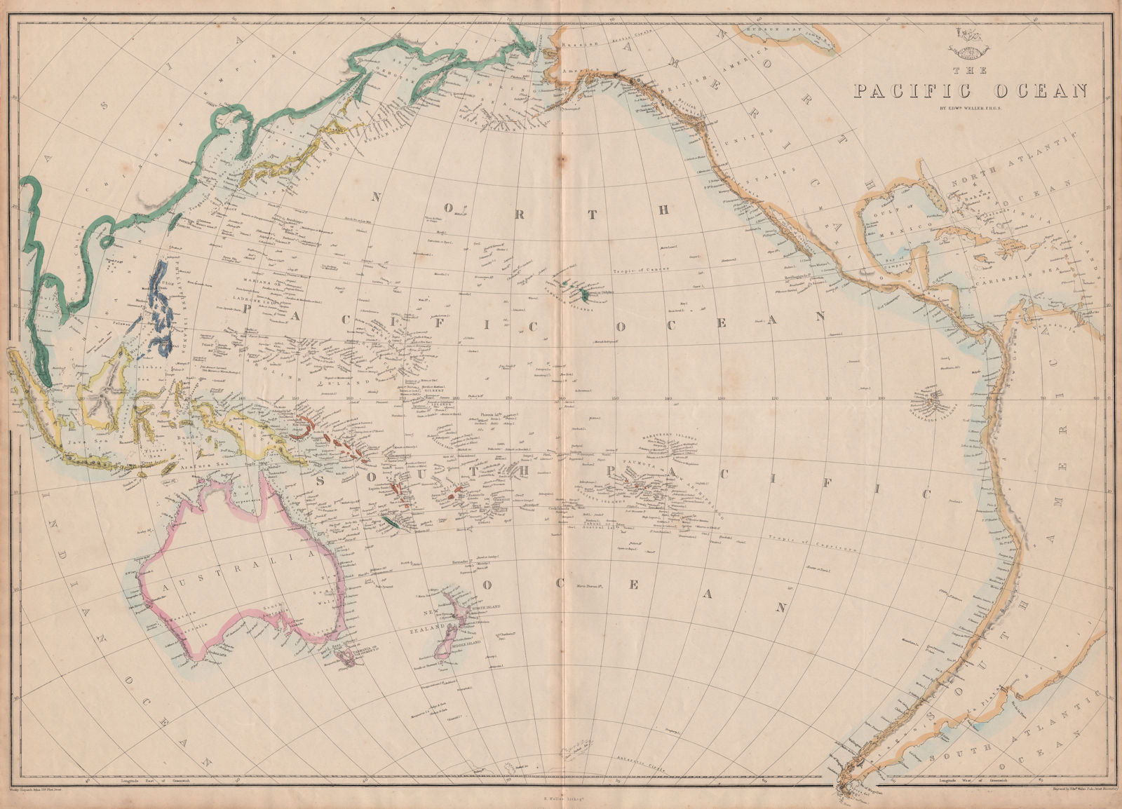 PACIFIC OCEAN Sandwich Islands/Hawaii Australia New Zealand &c. WELLER 1862 map